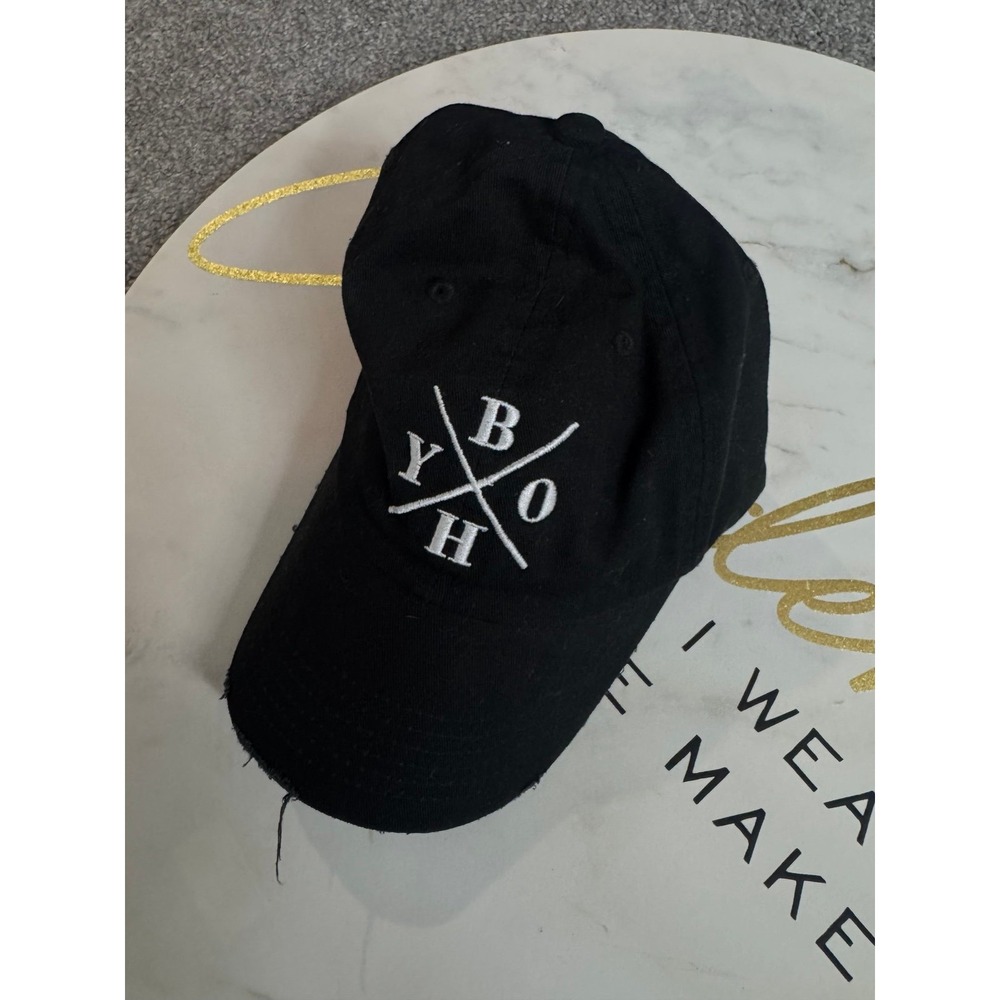 Adjustable Baseball Hat Unisex Black BYOH Embroidered Distressed Brim